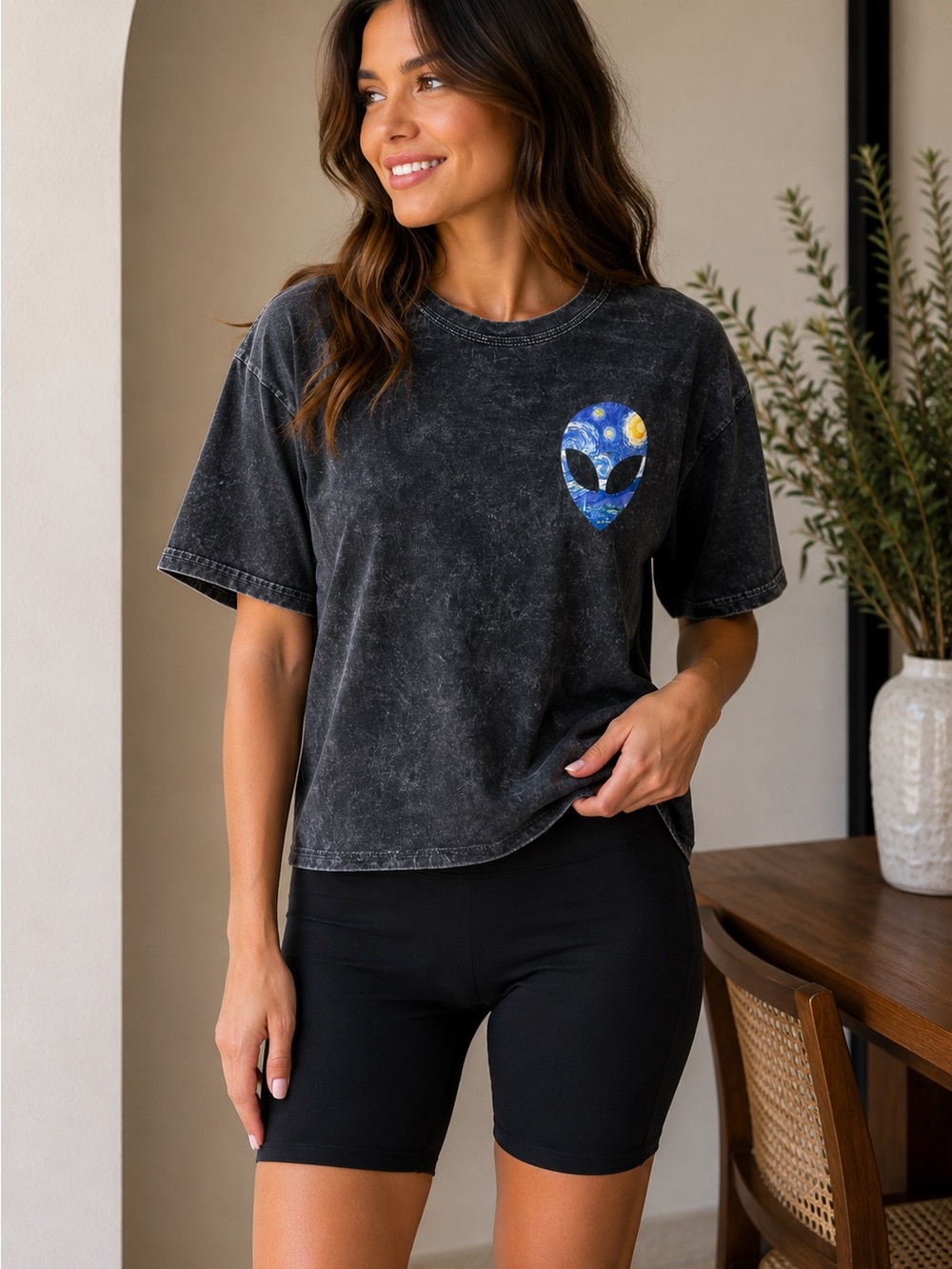 Indie Alien Starry Night Graphic Mineral Wash Tee L Grunge Spacecore Y2K Artsy
